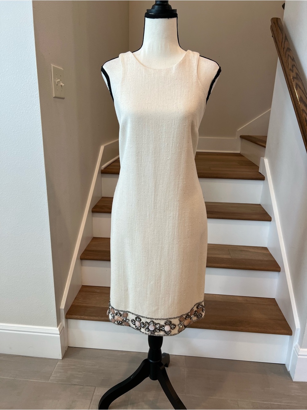 Cream Sleeveless Midi Dress with Embellished Hem